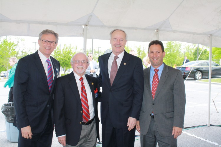 Dr. Steve Goss, president of Mercy Clinic; Dick Trammel, Arkansas Highway Commissioner; Governor Asa Hutchinson; Eric Pianalto, Mercy Hospital president